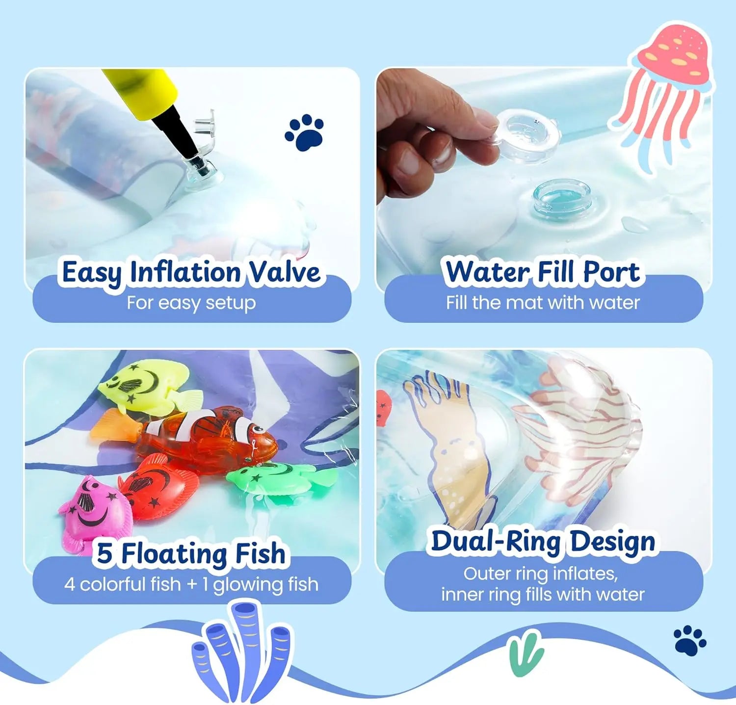 PURETOY Cat Enrichment Water Mat with Glowing Fish, TPU Thickened Leak-Proof Sensory Toy with Air Pump, Hot & Cold Cooling Pad for Indoor Cats