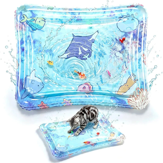 PURETOY Cat Enrichment Water Mat with Glowing Fish, TPU Thickened Leak-Proof Sensory Toy with Air Pump, Hot & Cold Cooling Pad for Indoor Cats