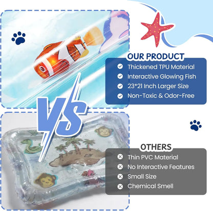 PURETOY Cat Enrichment Water Mat with Glowing Fish, TPU Thickened Leak-Proof Sensory Toy with Air Pump, Hot & Cold Cooling Pad for Indoor Cats